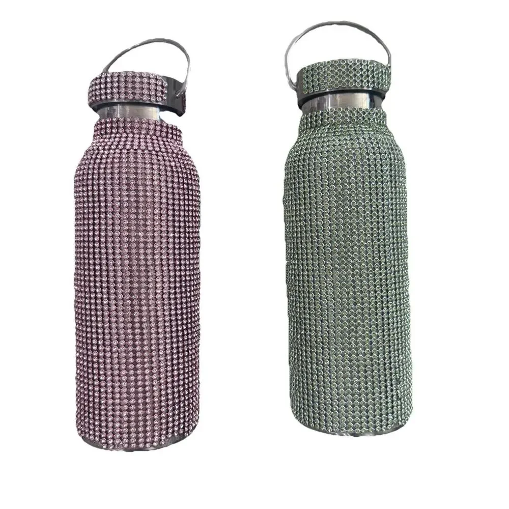 Stainless Steel Water Bottles Set Of Two - Pink Green - Party Bedazzled 16 Oz